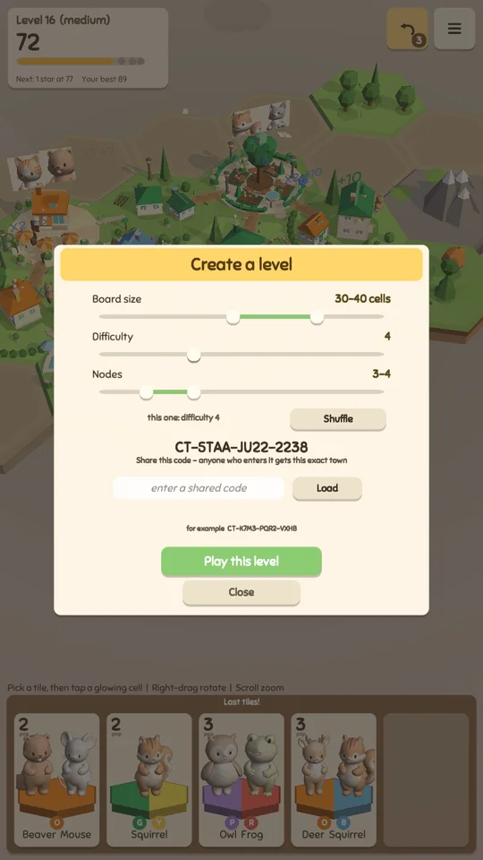 The level maker with size, difficulty and a share code