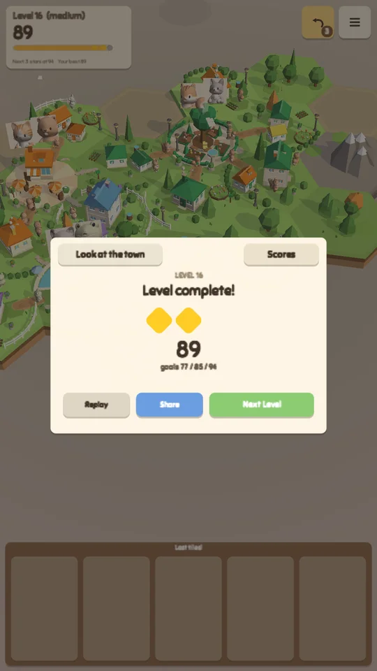 Level complete screen with stars and score