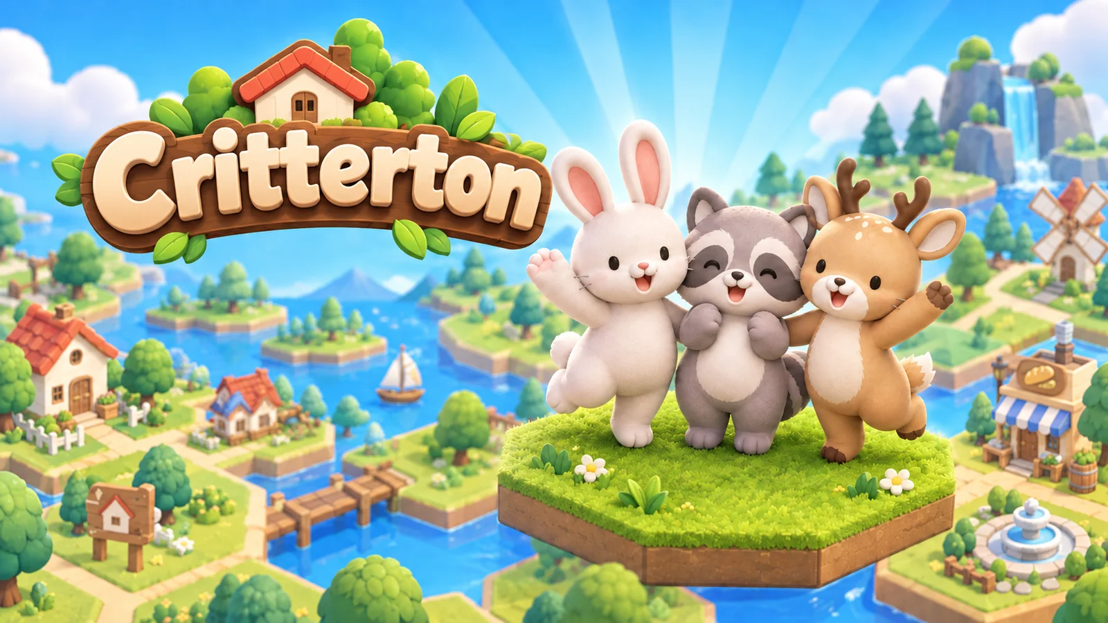 Critterton title art: a bunny, a raccoon and a fawn waving above a little hex-tile town