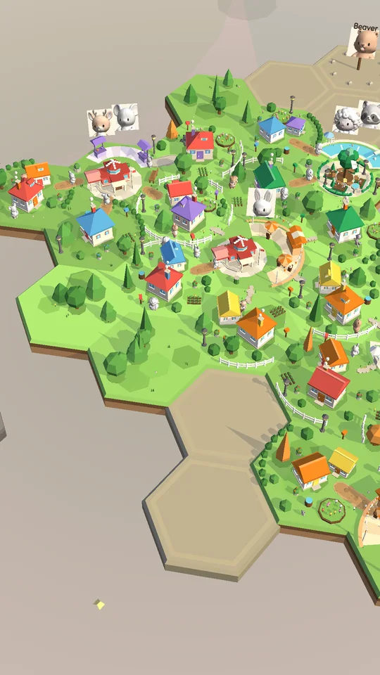 A large finished hex town with houses, trees and winding streets