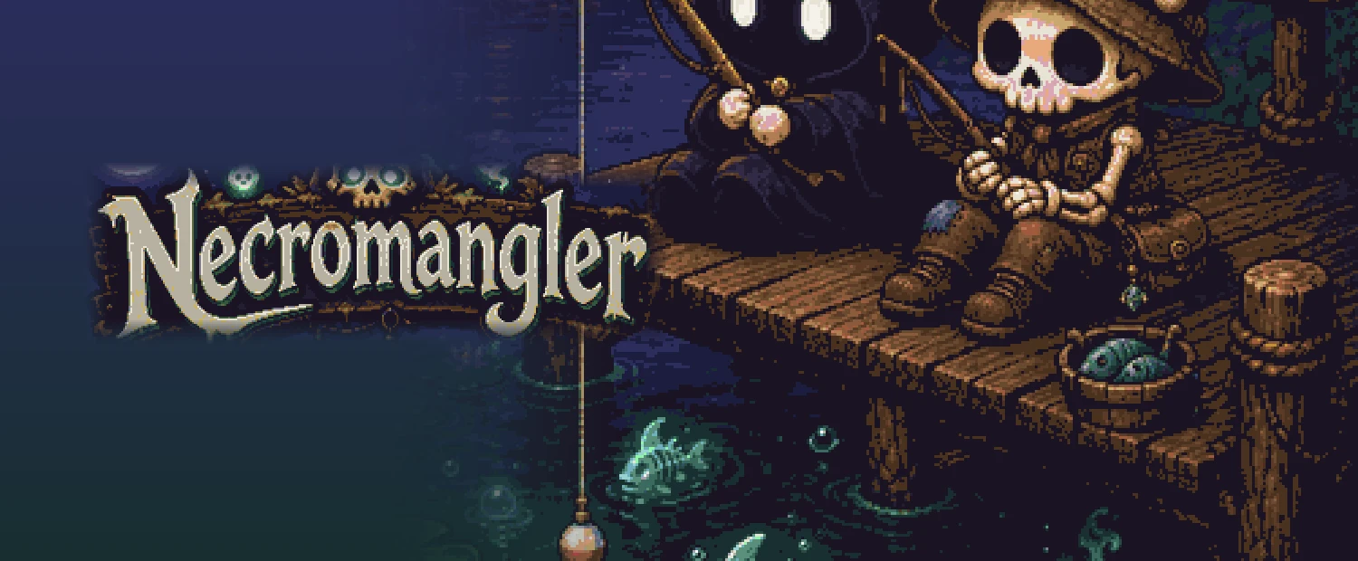 Necromangler title art: a hooded necromancer and a skeleton fishing from a dock at night