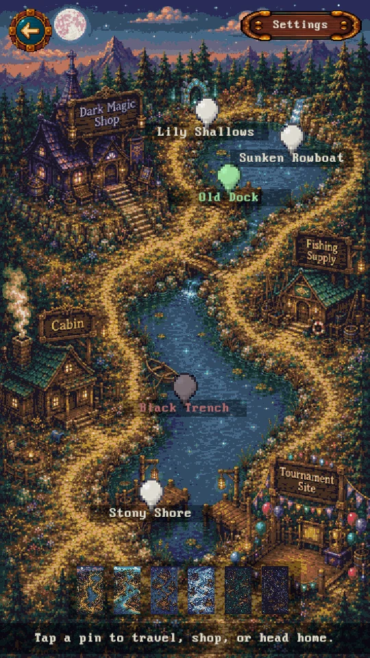 The illustrated chart of the pond with fishing spots marked