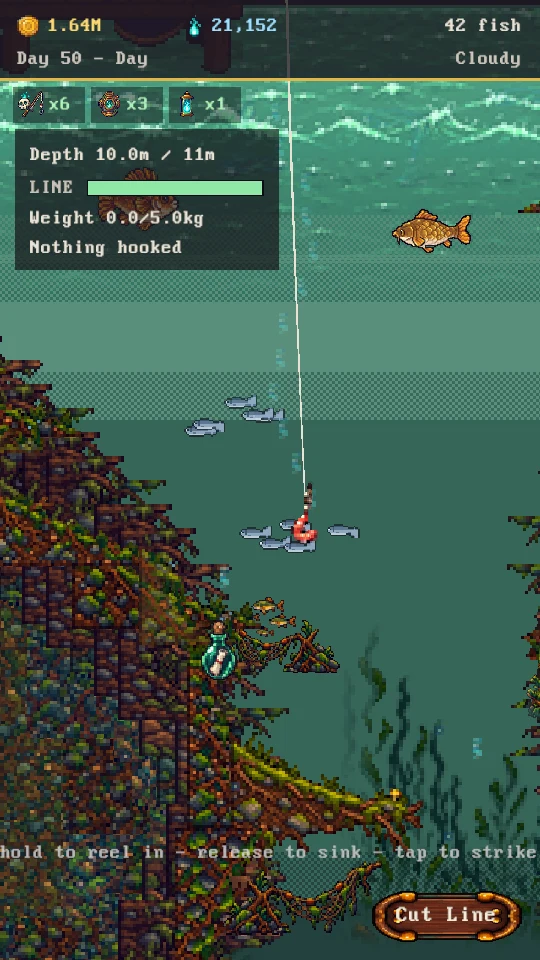 Manual fishing: steering the bait down through the water column