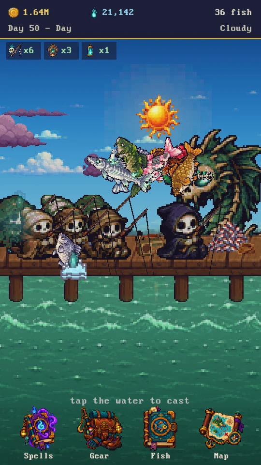 The Undead Sea Serpent surfacing beside the dock with a haul of fish